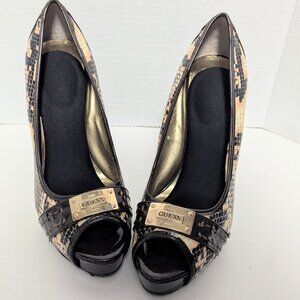 Guess Stilettoes  3+ w/ Peep Toe Snakeskin like w/ Guess on Gold Tone size 7 1/2